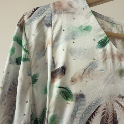 Beaded satin , floral patterned maxi dress , Jalabiya جلابية حرير بنمط مشجر مزينة بفصوص بربطات جانبية