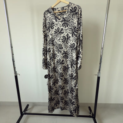 Beaded satin , floral patterned maxi dress , Jalabiya جلابية حرير بنمط مشجر مزينة بفصوص بربطات جانبية