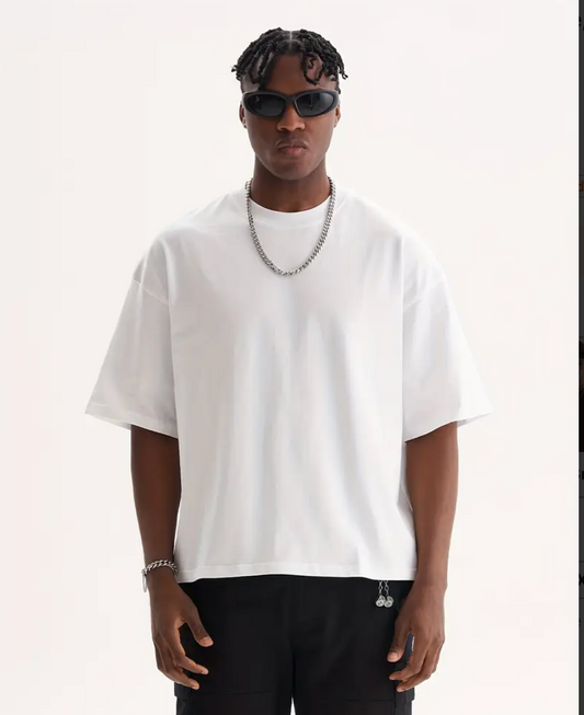 قميص اوفر سايز تي شيرت منخفض الاكتاف أبيض رجالي Men's Oversized boxy Drop Shoulder white T-shirt